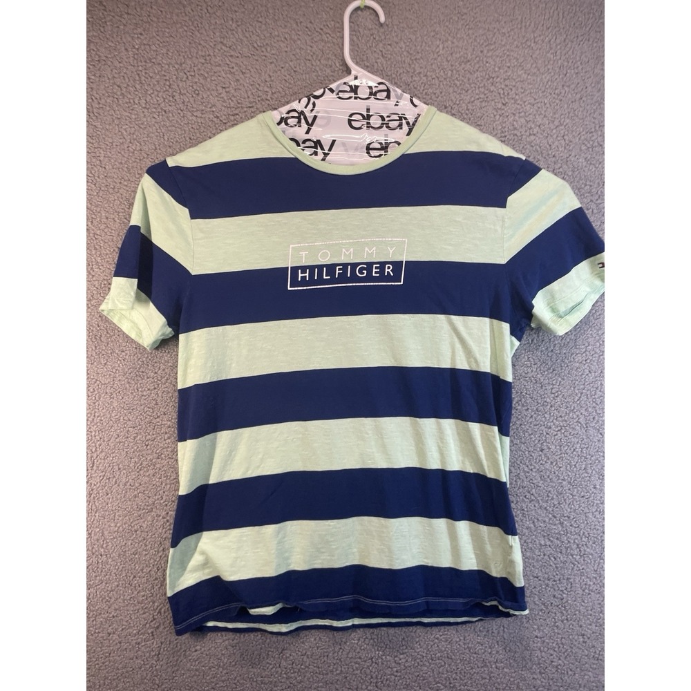 Tommy Hilfiger Polo Shirt Mens Size Large Blue Striped Casual Short Sleeve *